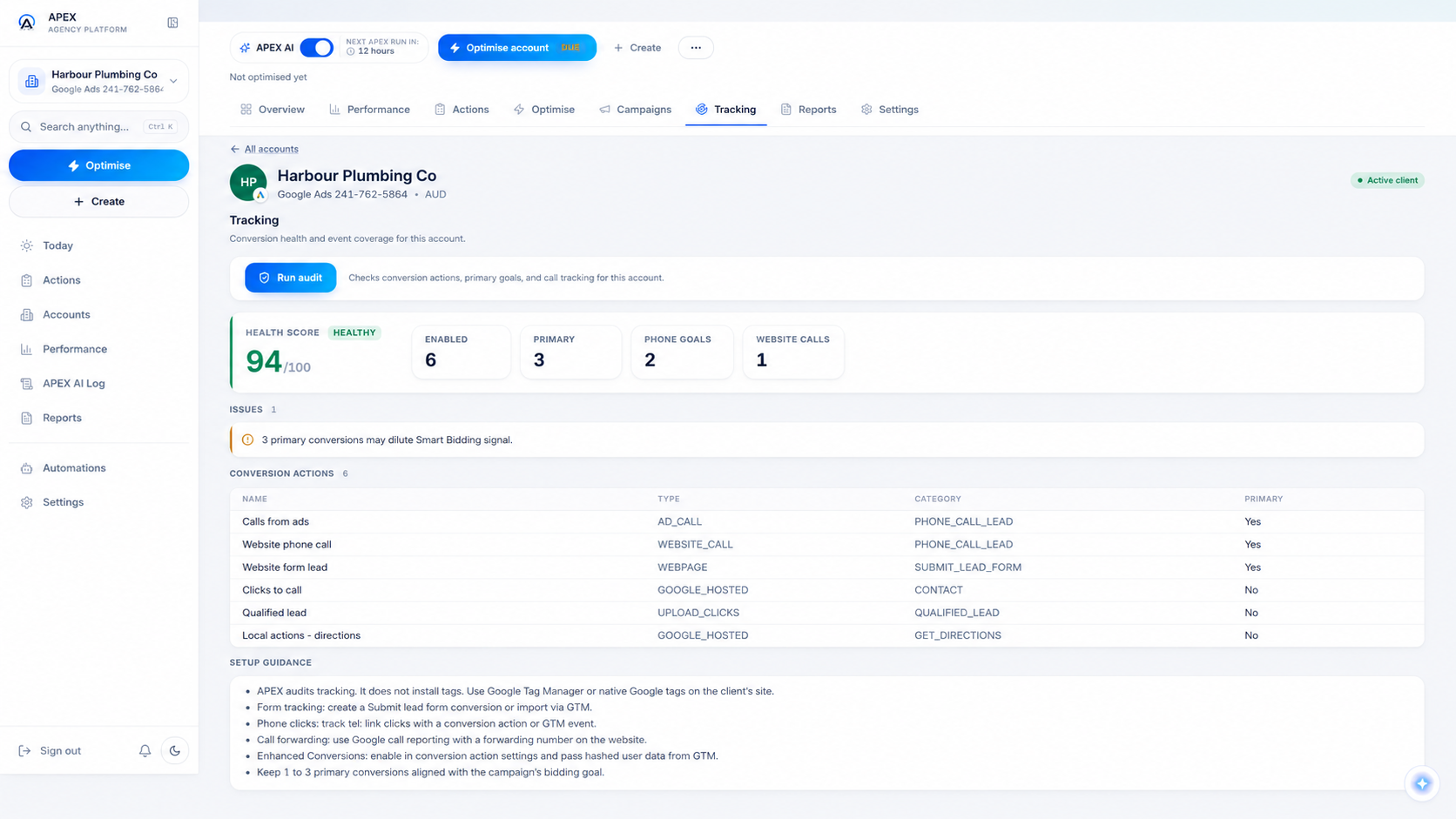 The Apex Tracking view: a conversion tracking health score, counts of enabled and primary conversion actions, a conversion actions table and setup guidance for a client account. Illustrative data only.